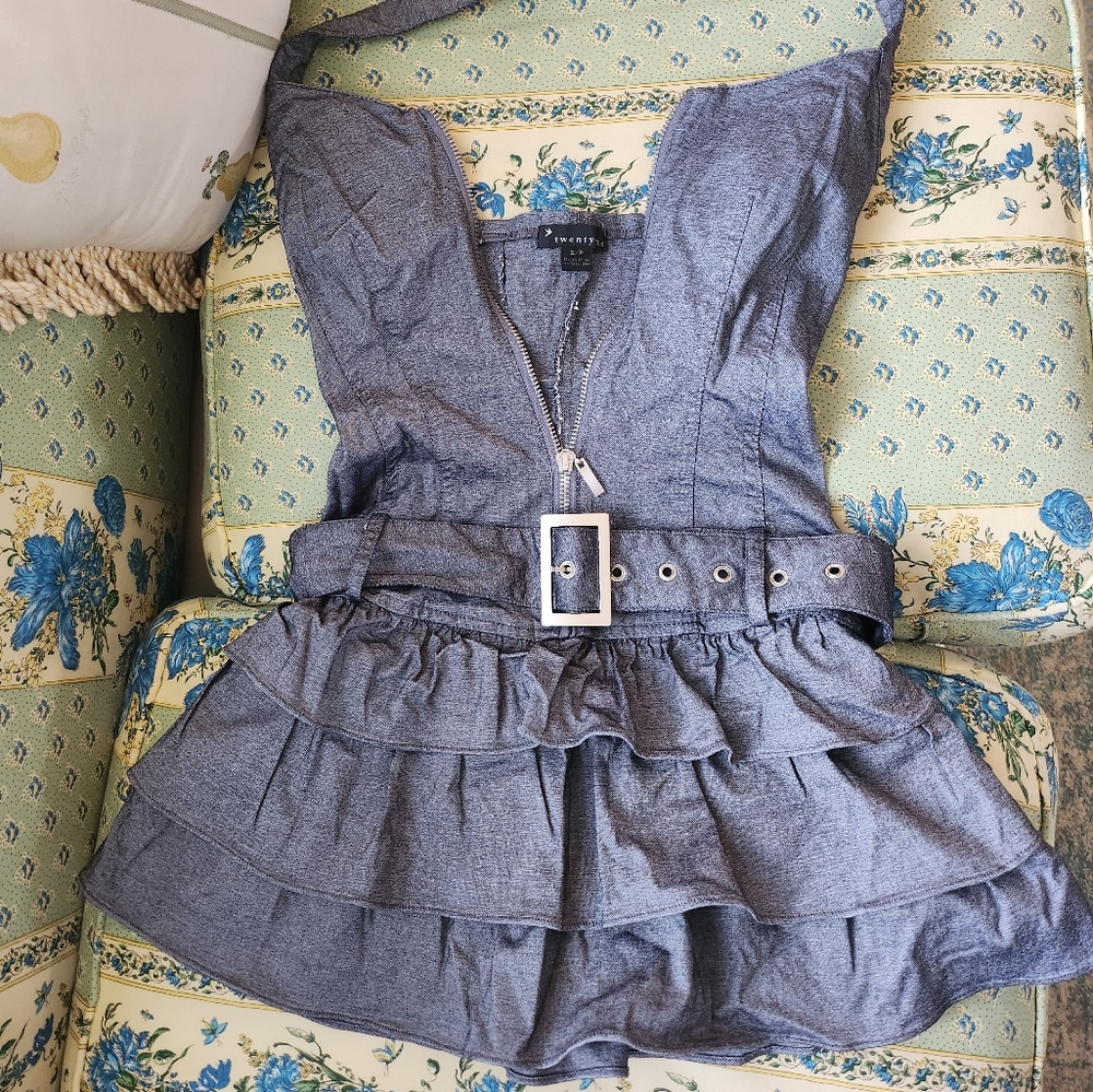 Stretch Denim Mini Zip Halter dress Wide Belt